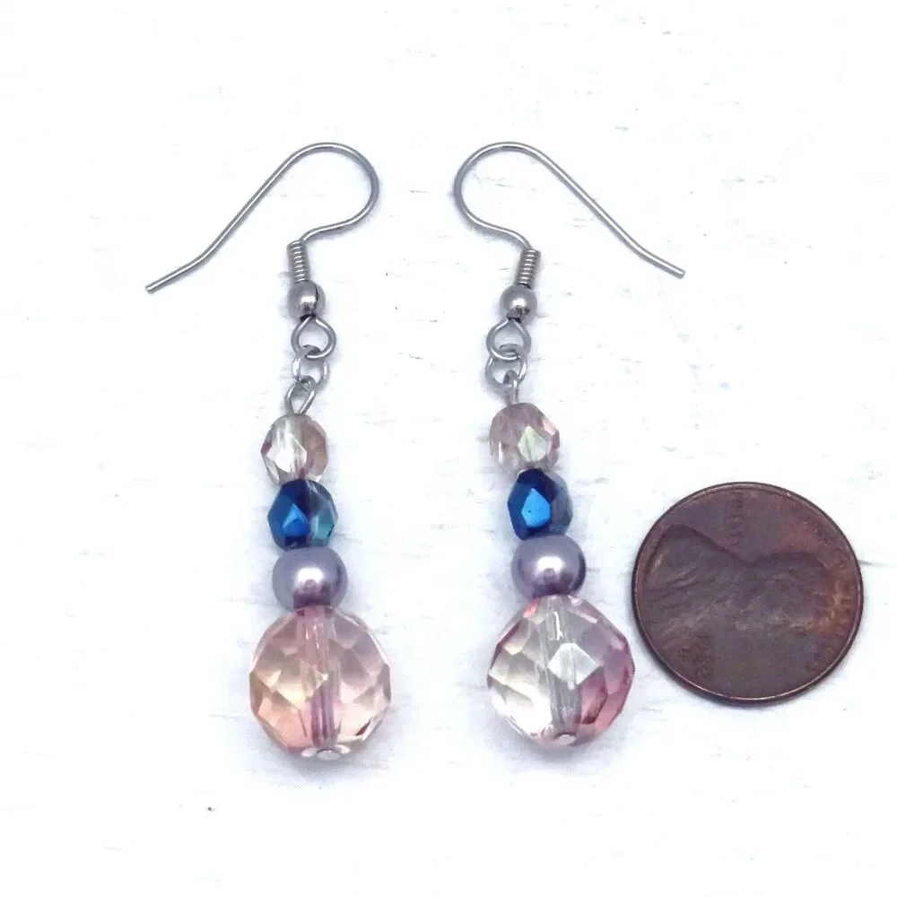 Dangle Earrings for Women, Crystal and Pearl Blue & Pink Handmade Drop Earrings